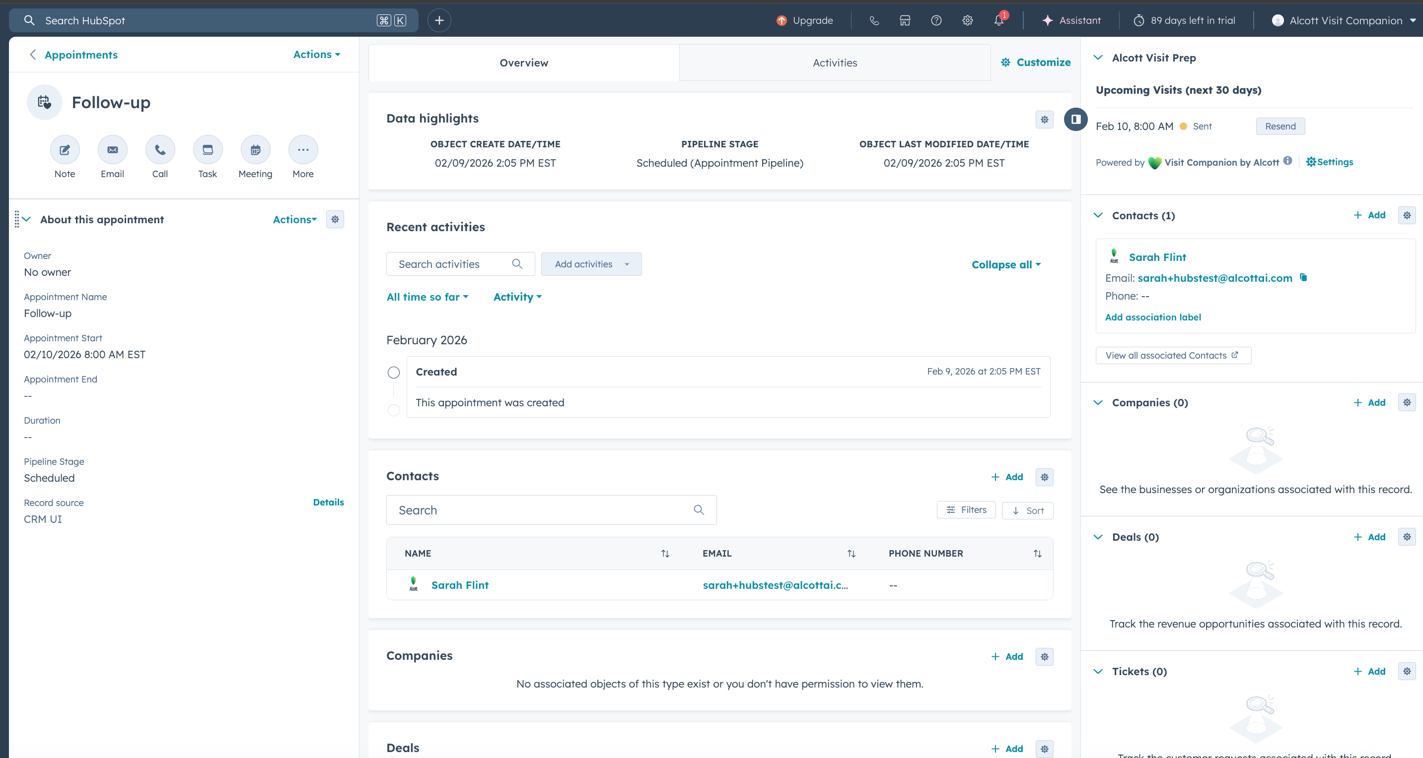 Visit Prep Sent Card on Appointment